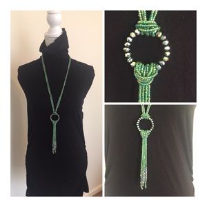 Lariat Style Necklace W/ Iridescent Green Beads